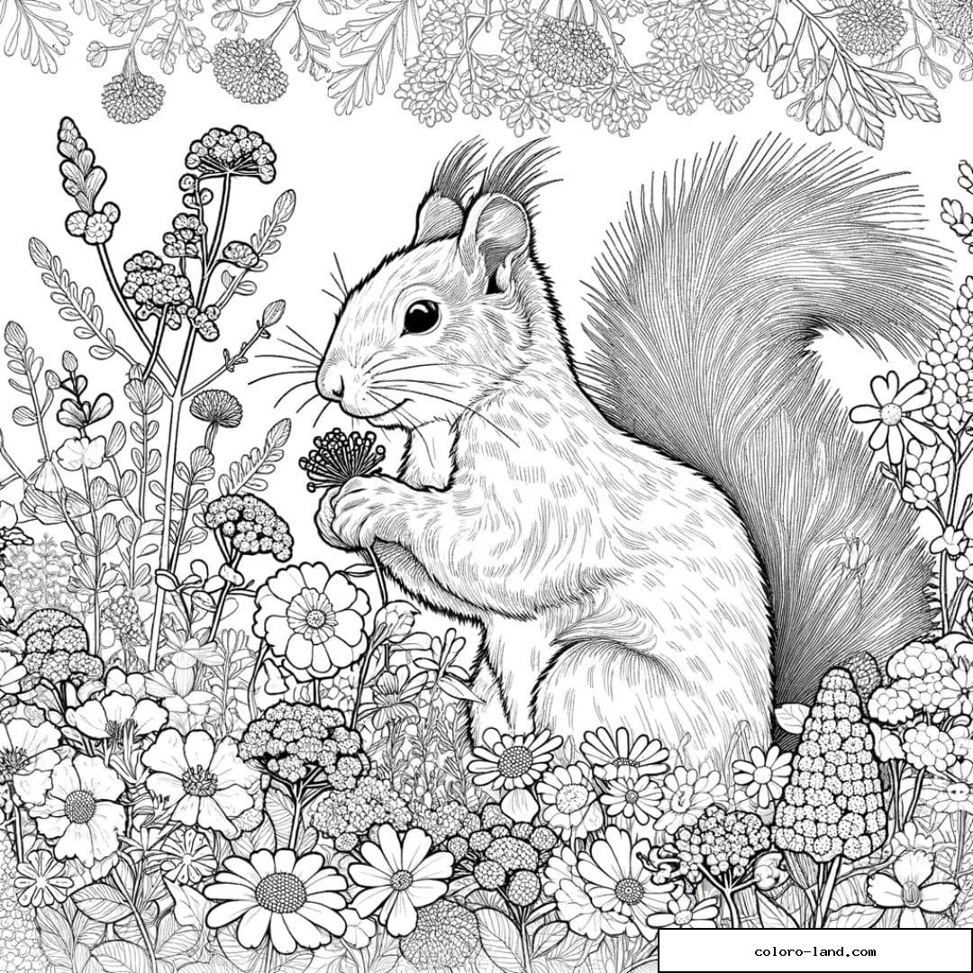 Dessin à colorier d'un écureuil entouré de fleurs sauvages