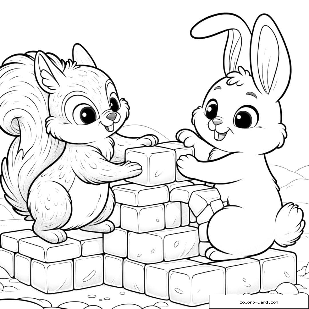 Coloriage d'un écureuil et d'un lapin construisant un igloo