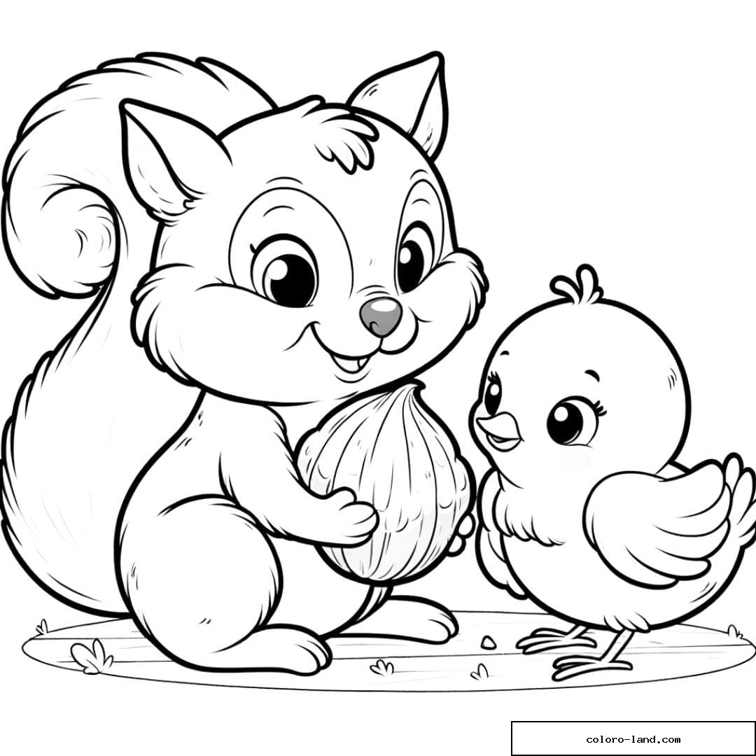 Coloriage d'un écureuil et d'un oiseau partageant une noix