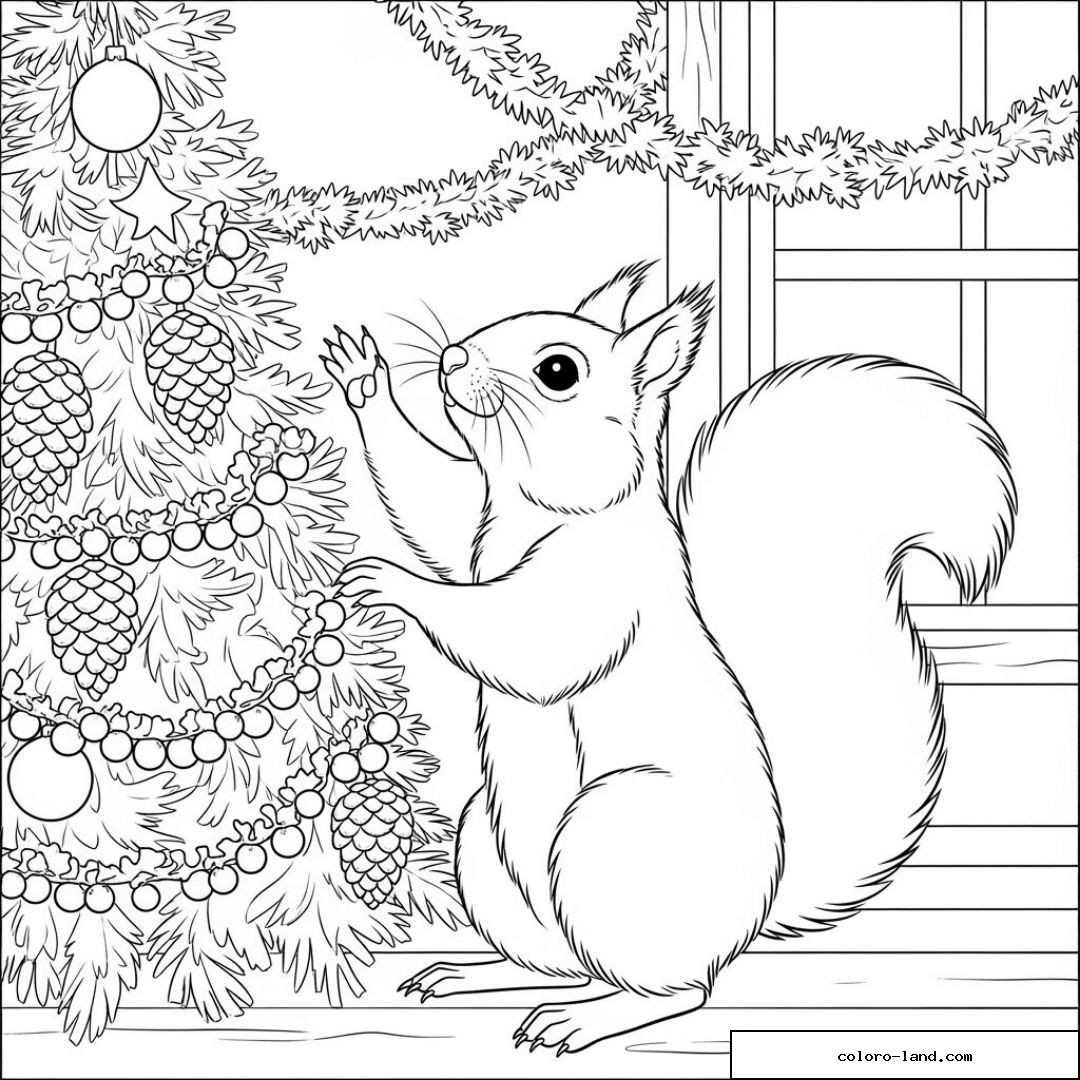 Dessin d'un écureuil décorant un sapin de Noël avec des ornements naturels.
