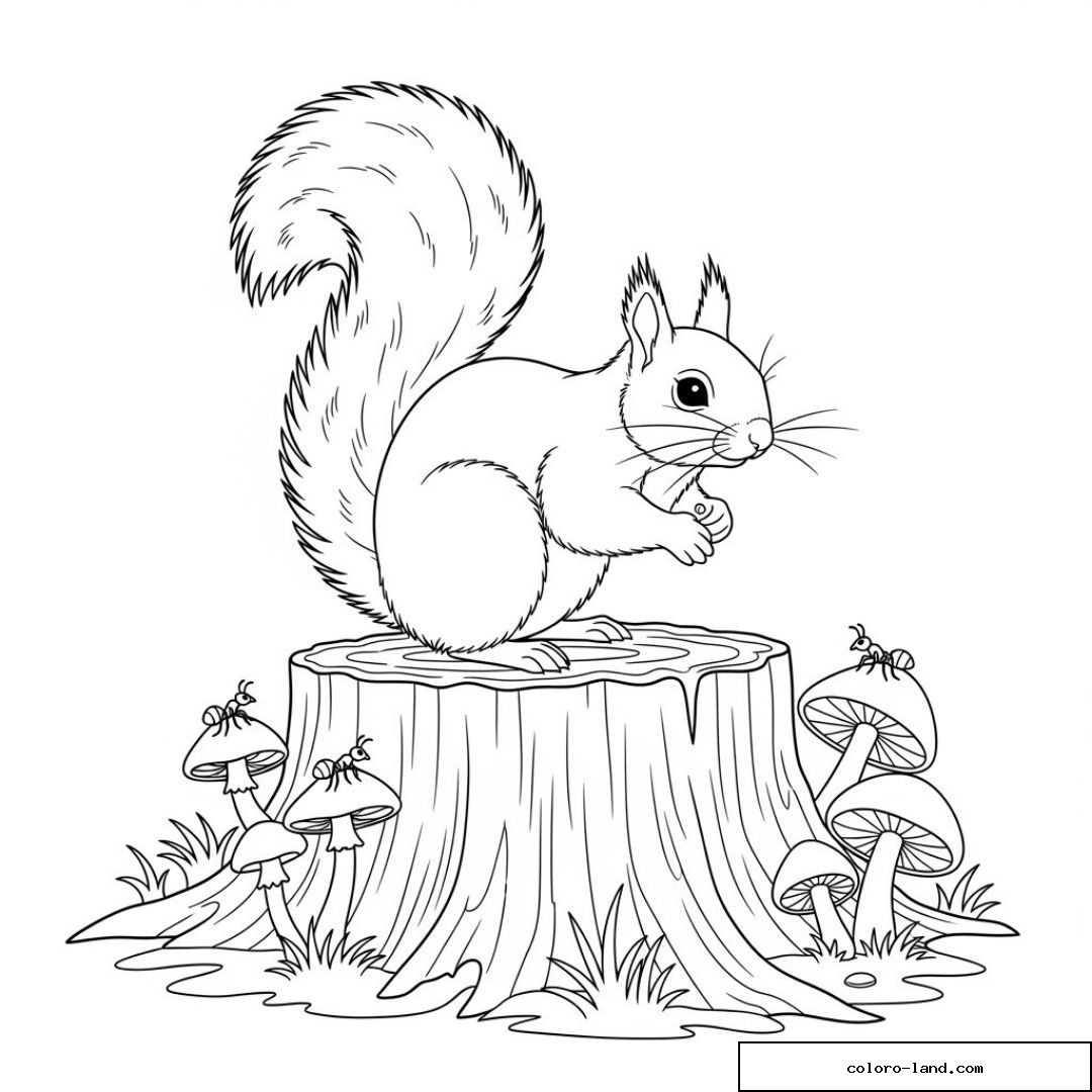 Coloriage d'un écureuil sur souche avec champignons et fourmis