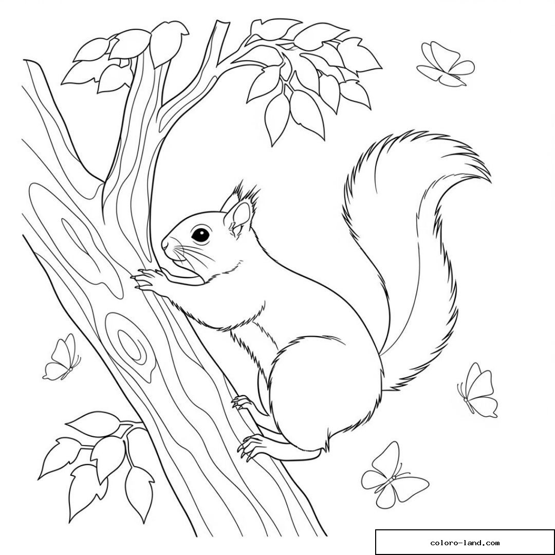 Écureuil sur un arbre avec des papillons à colorier