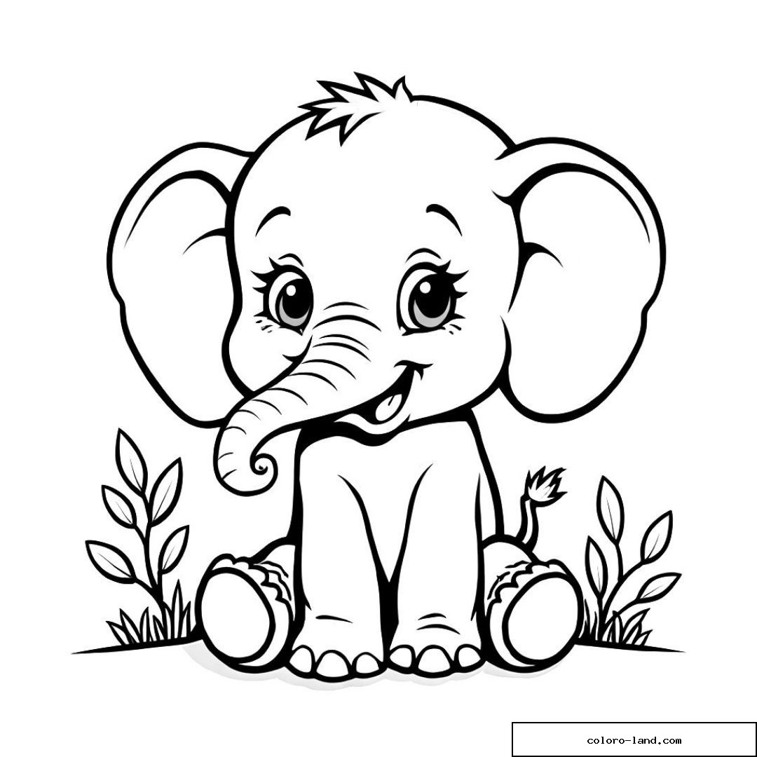 Dessin éléphanteau mignon à colorier pour enfants
