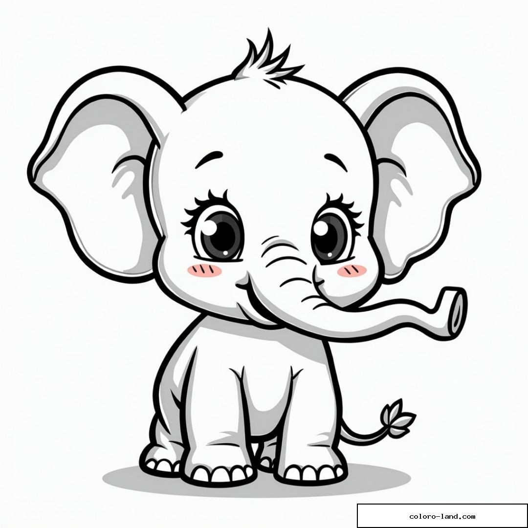 Dessin mignon d'un éléphant avec grands yeux et joues roses à colorier.