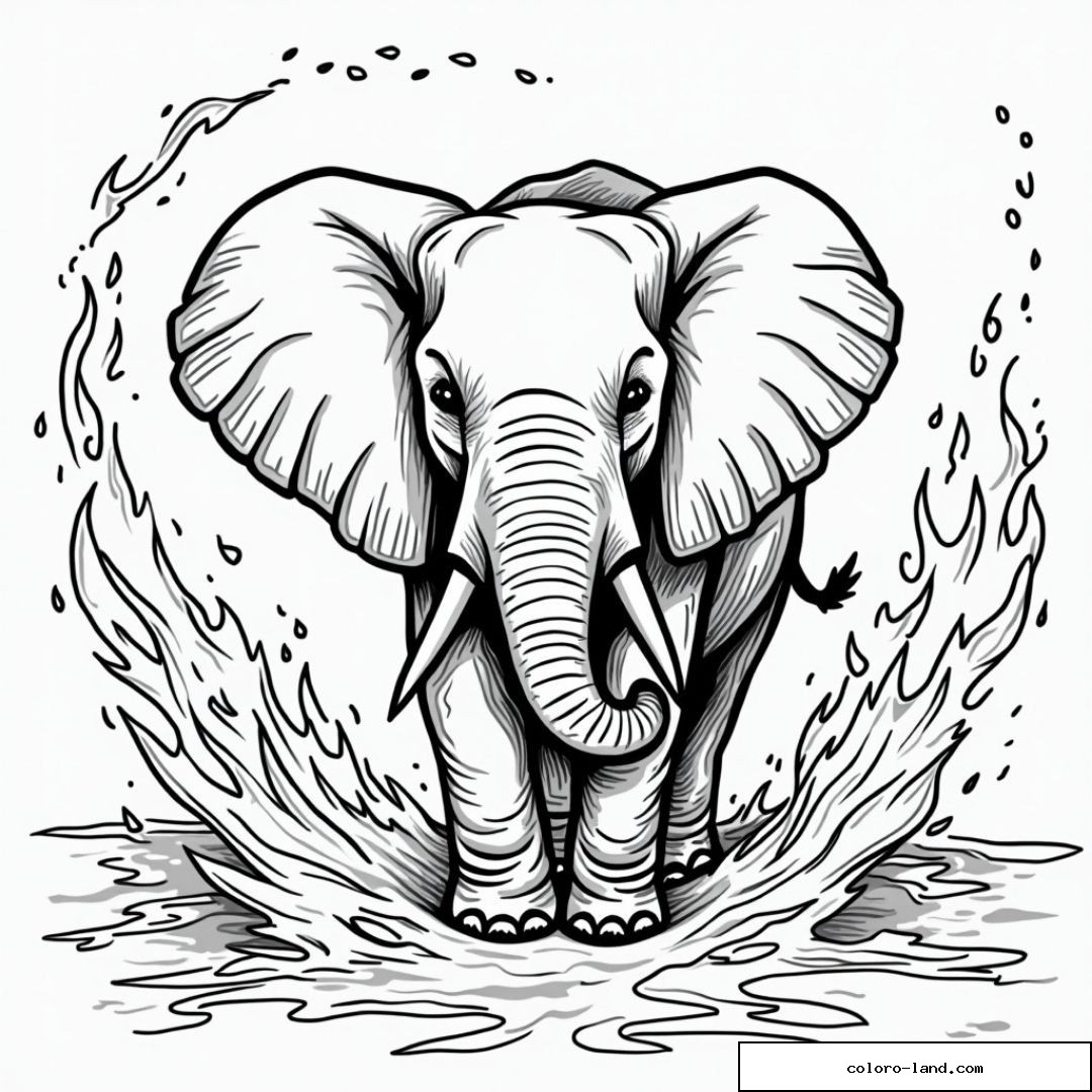 Dessin d'éléphant avec feu et eau