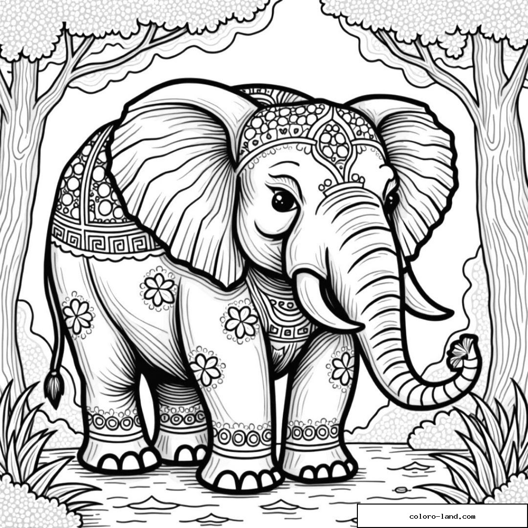 Élément adorable de coloriage éléphant mandala dans la nature.