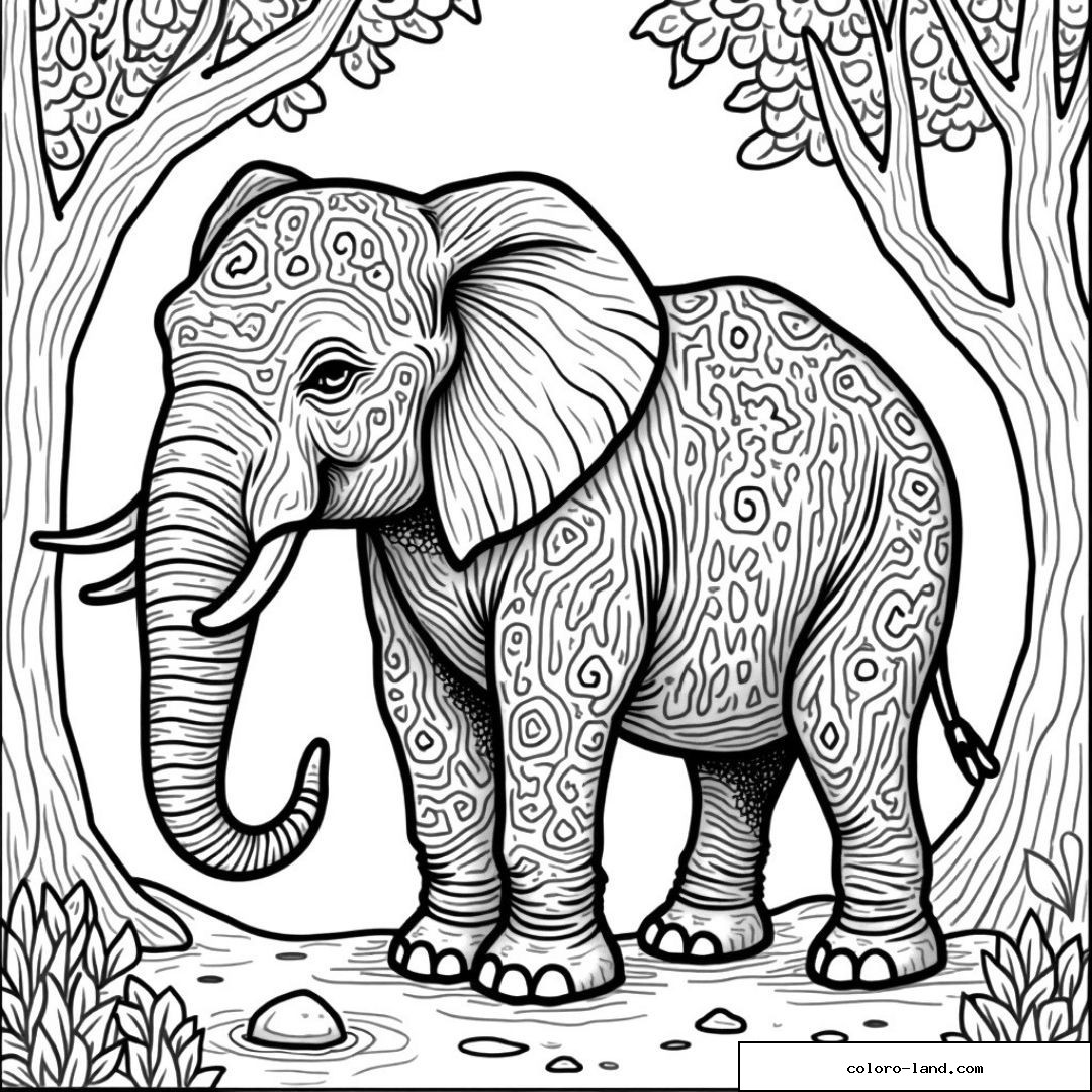 Image d'un éléphant avec motifs complexes dans une forêt