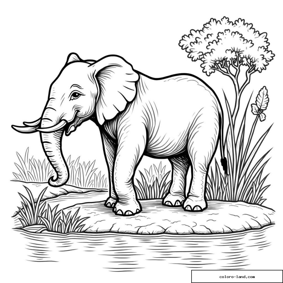 Élément africain éléphant près de l'eau avec des arbres et herbes.
