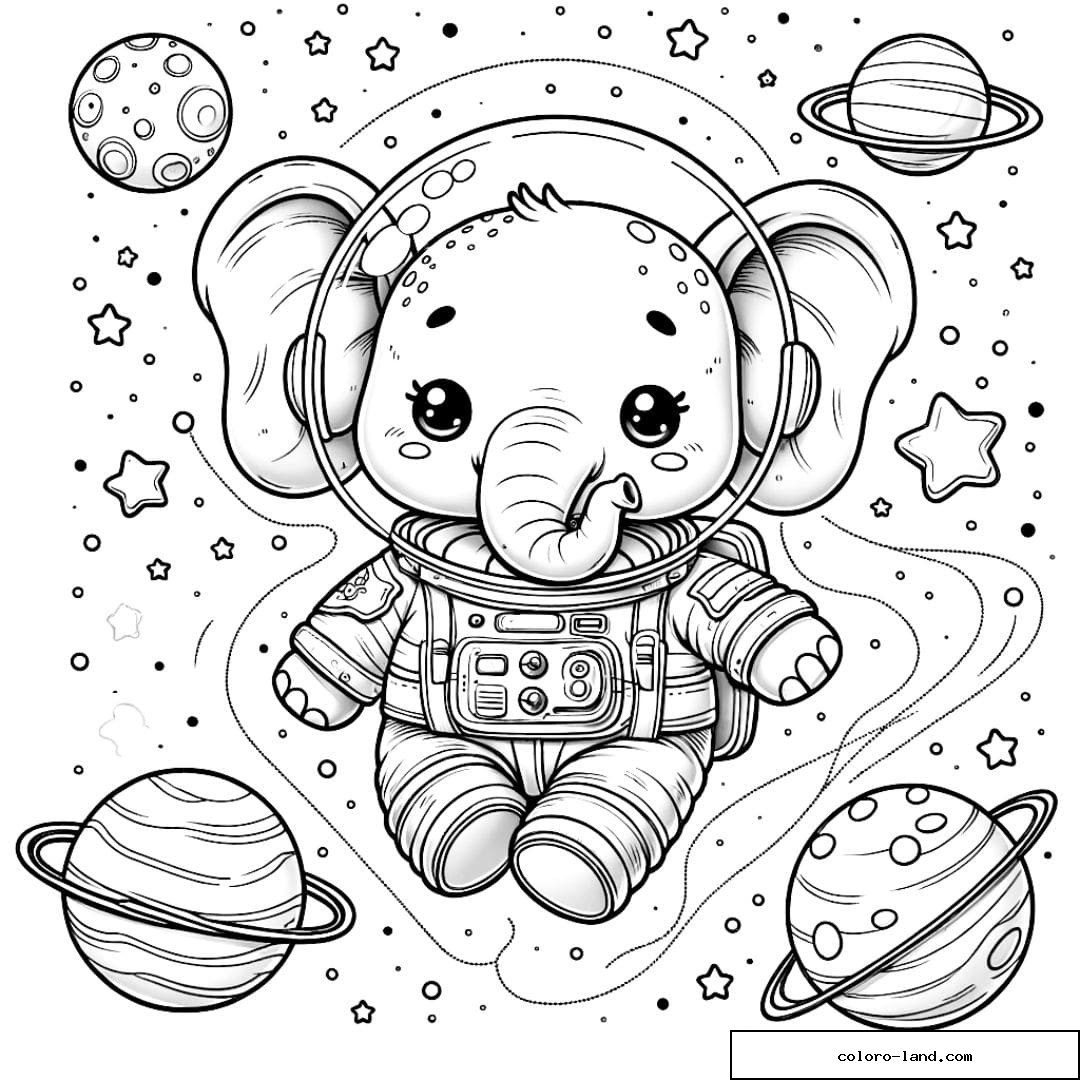 Coloriage d'un éléphant astronaute dans l'espace