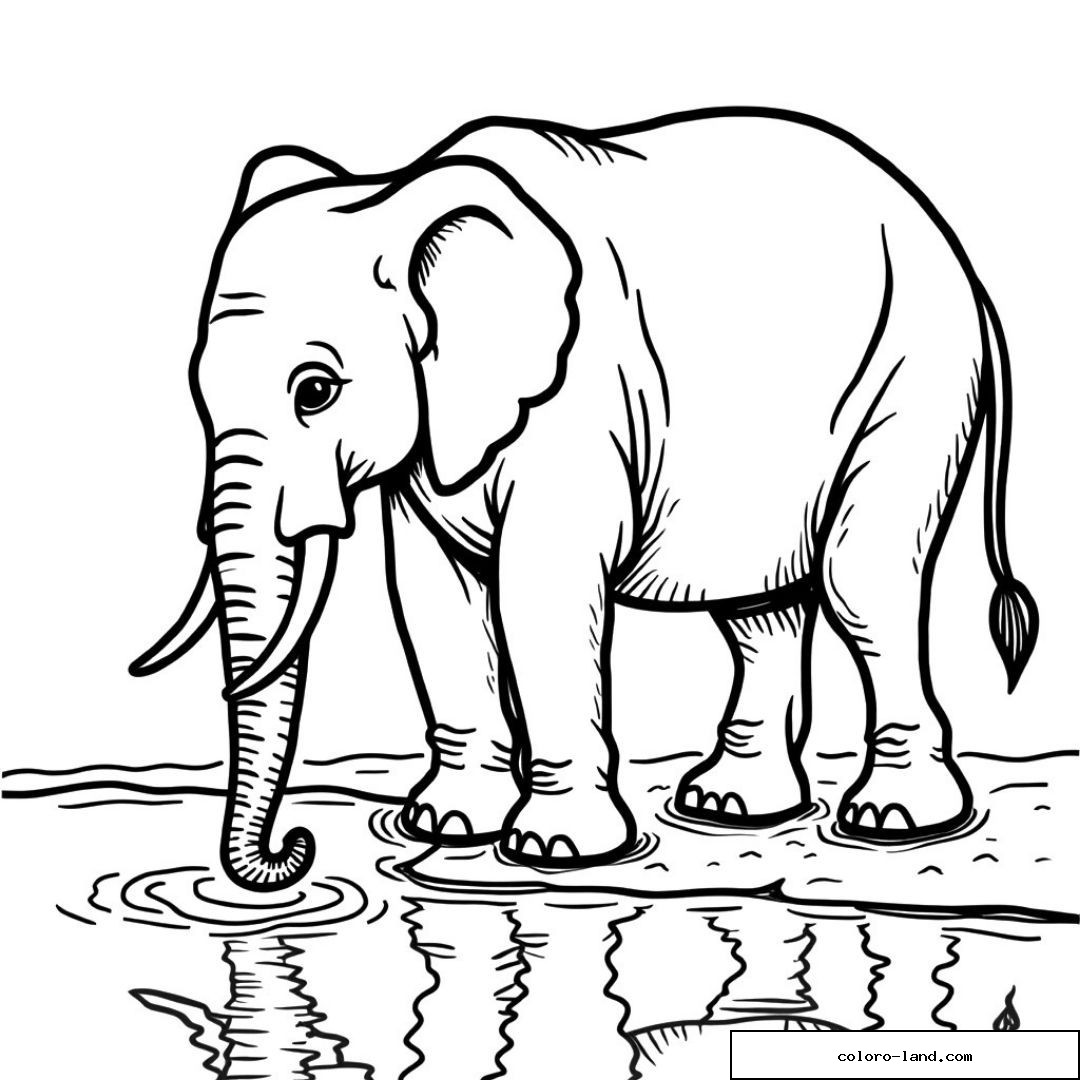 Coloriage d’un éléphant buvant au bord de l’eau.