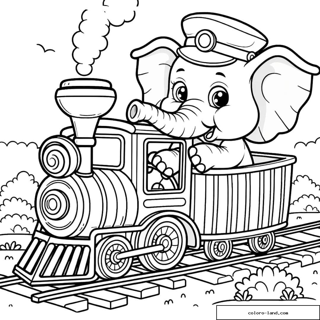 Coloriage d'un éléphant conducteur de train