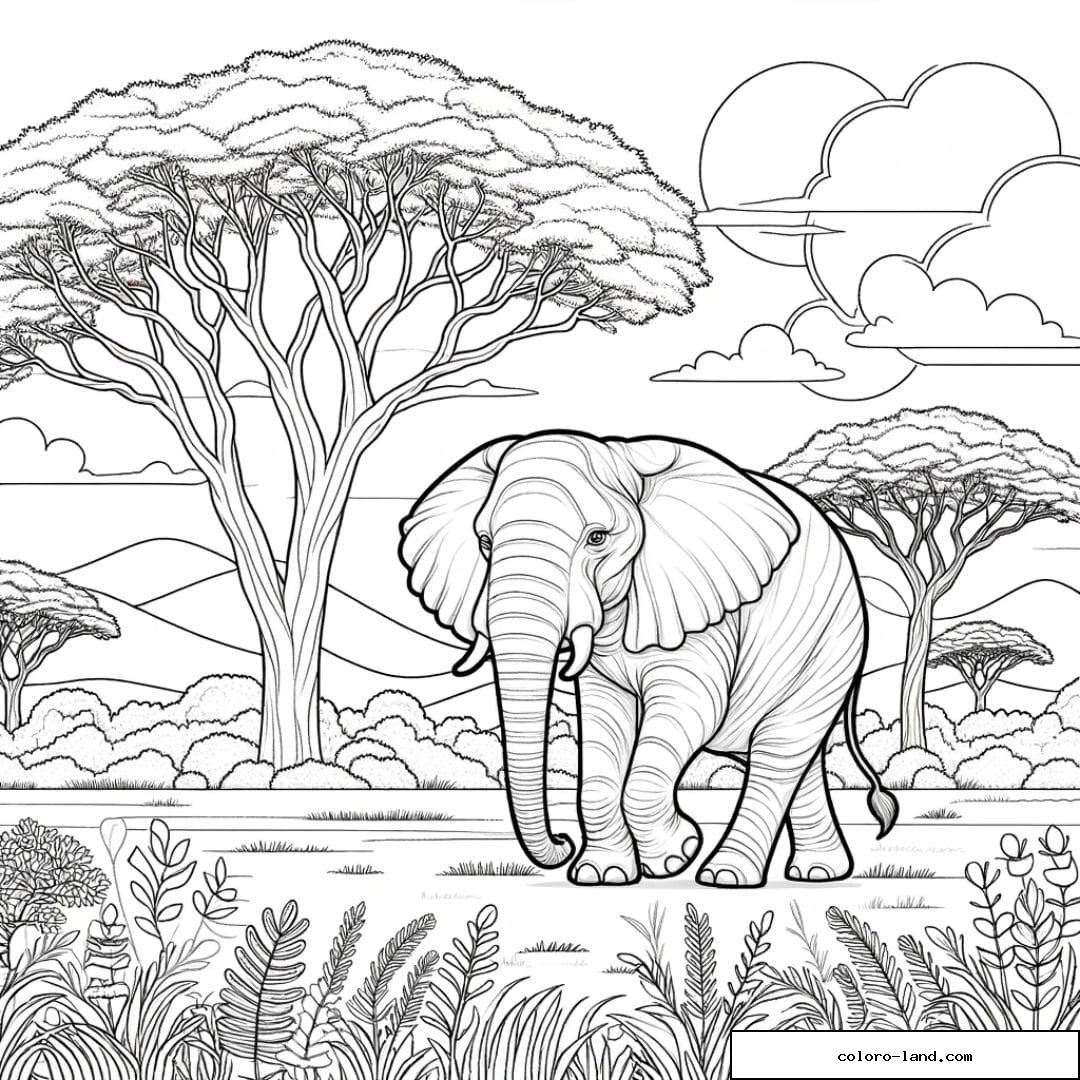 Dessin au trait d'un éléphant dans une savane, sans couleurs, idéal pour le coloriage adulte.