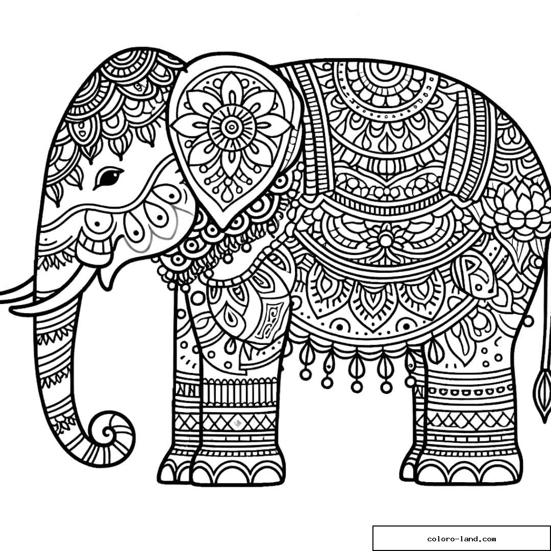 Dessin au trait d'un éléphant décoré pour un festival, prêt pour le coloriage adulte.