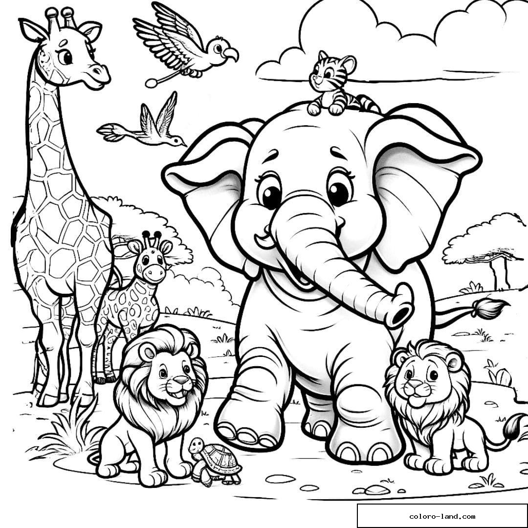 Coloriage d'un éléphant avec des animaux de la savane