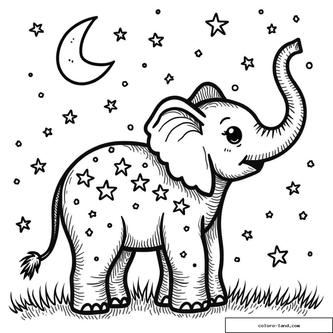 Dessin d'un éléphant avec étoiles et lune