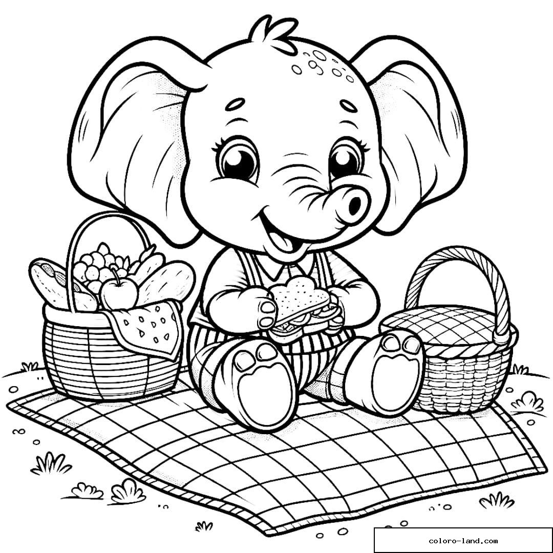 Coloriage d'un éléphant faisant un pique-nique
