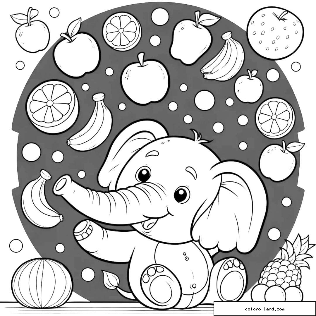 Coloriage d'un éléphant jonglant avec des fruits