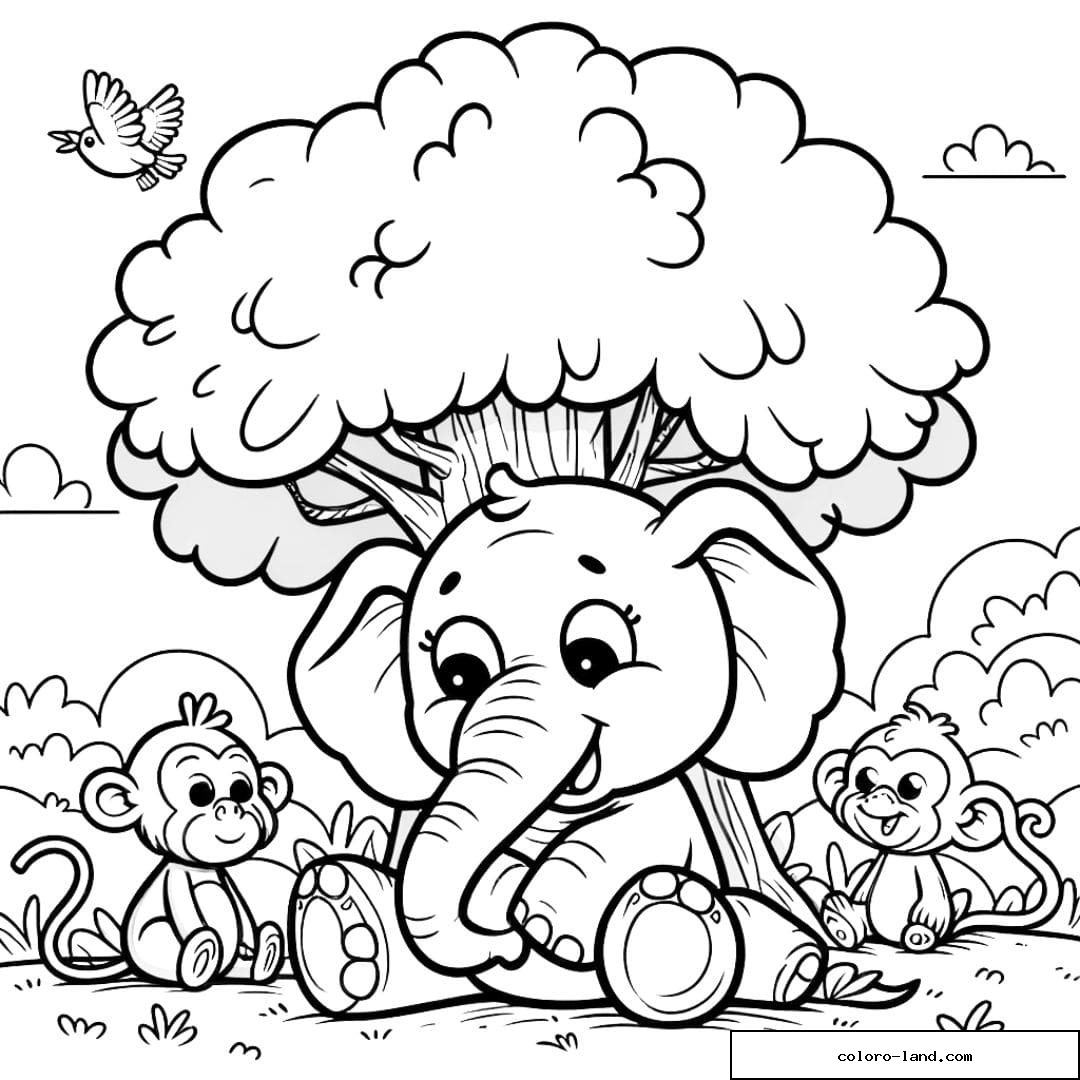 Coloriage d'un éléphant jouant à cache-cache