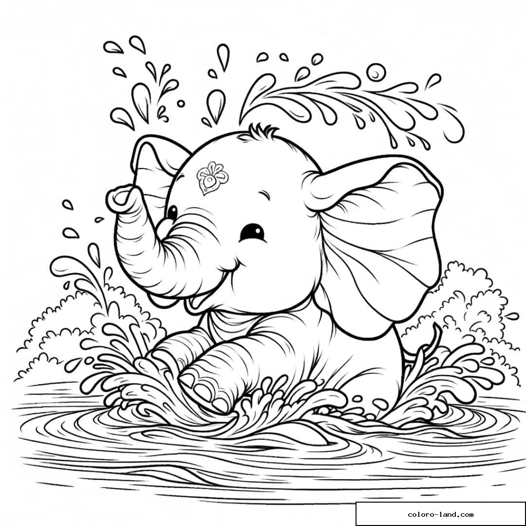 Dessin au trait d'un éléphant jouant dans l'eau, conçu pour le coloriage adulte.