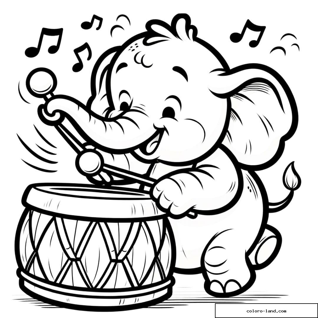 Coloriage d'un éléphant jouant du tambour
