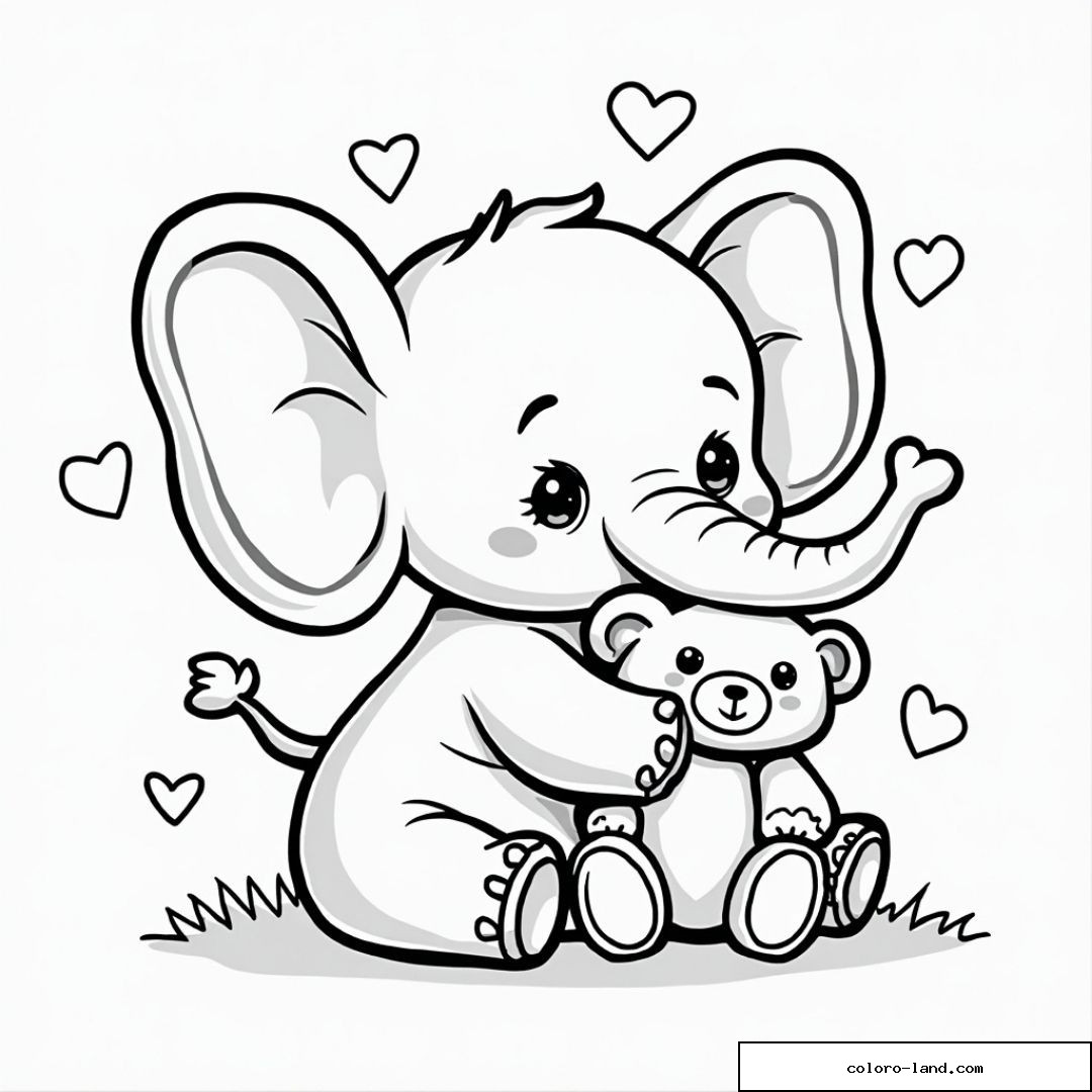 Adorable éléphant câlinant un ourson avec des cœurs en arrière-plan.