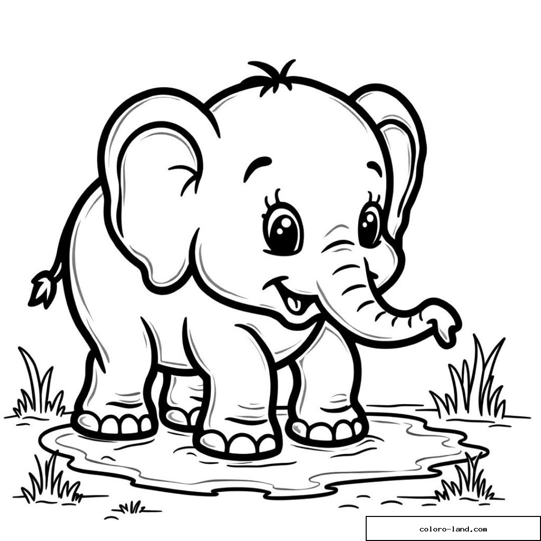 Coloriage éléphant mignon debout sur une flaque d'eau