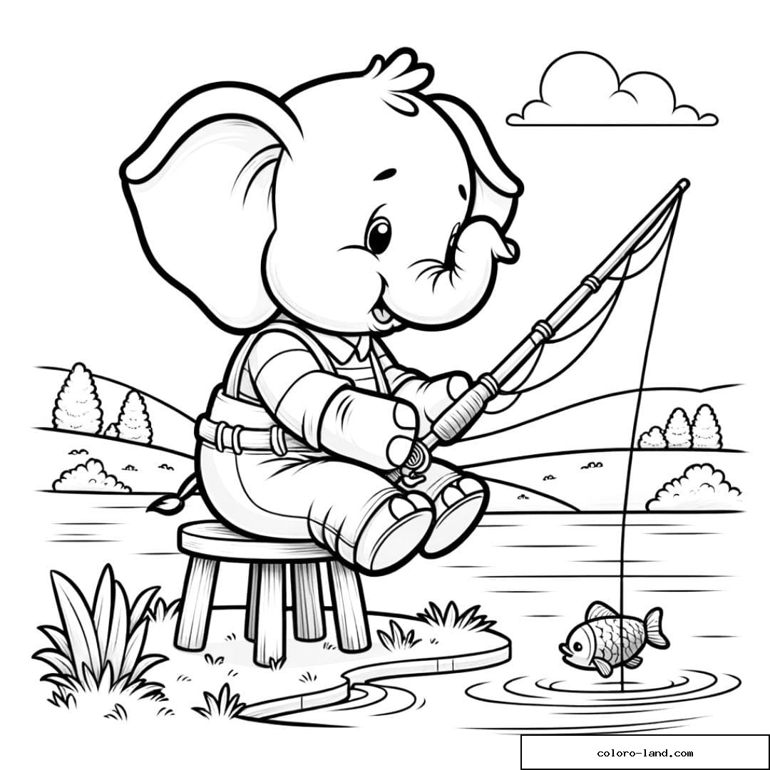 Coloriage d'un éléphant pêcheur au bord d'un lac