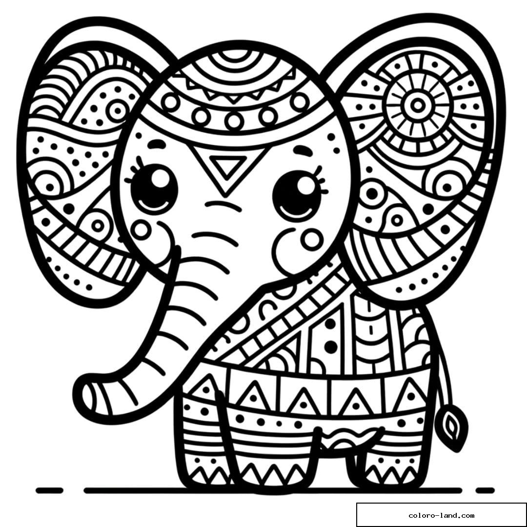 Coloriage d'un éléphant stylisé avec des motifs géométriques simples