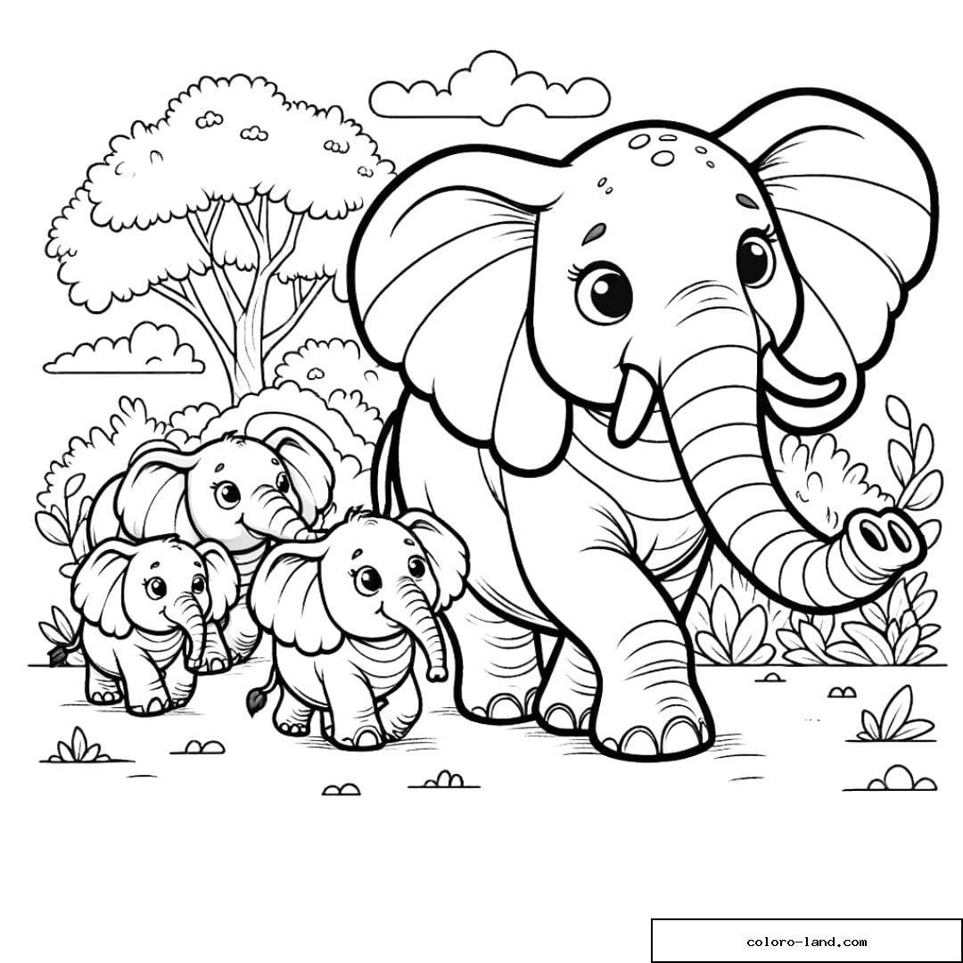 Coloriage d'une famille d'éléphants en promenade