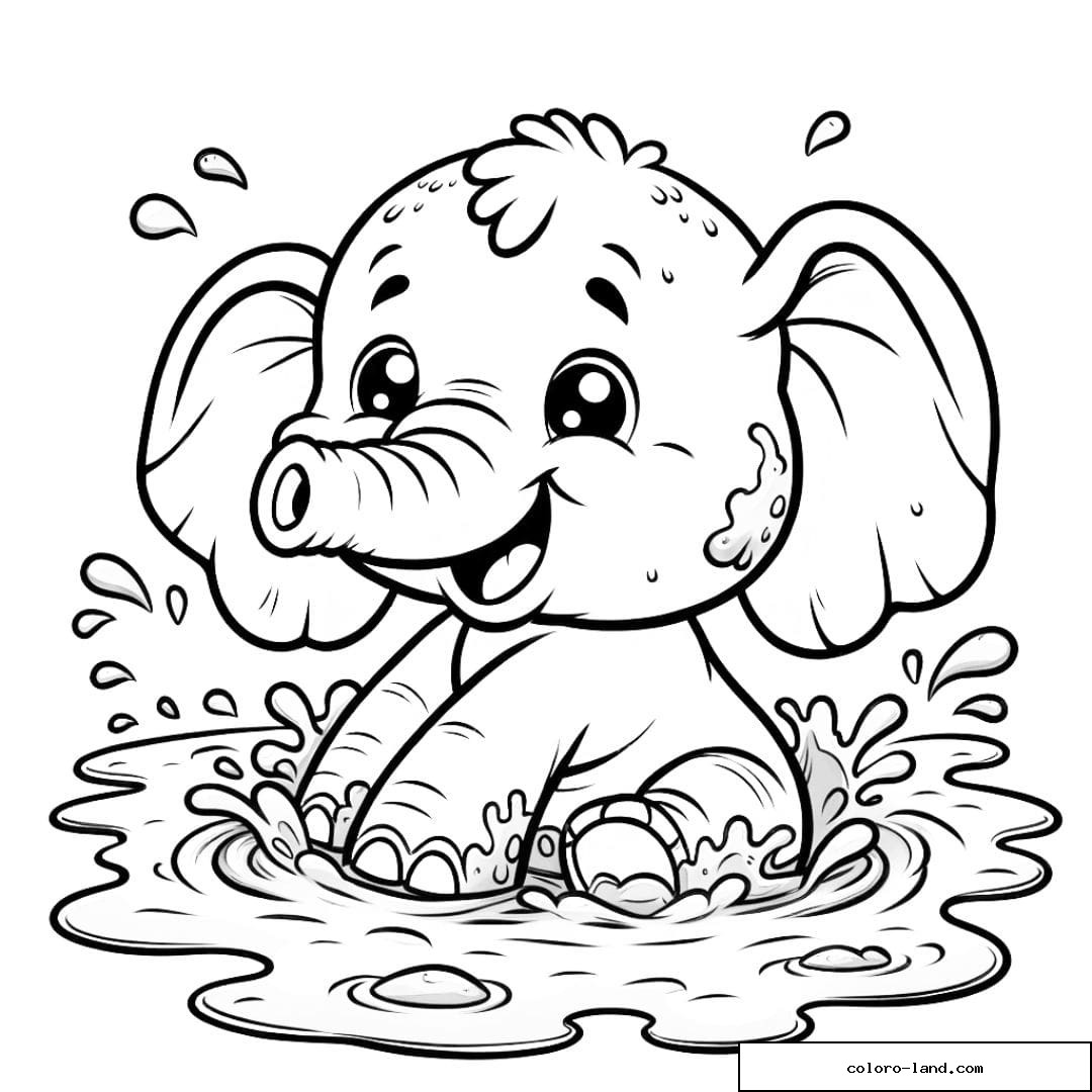 Coloriage d'un petit éléphant dans un bain de boue