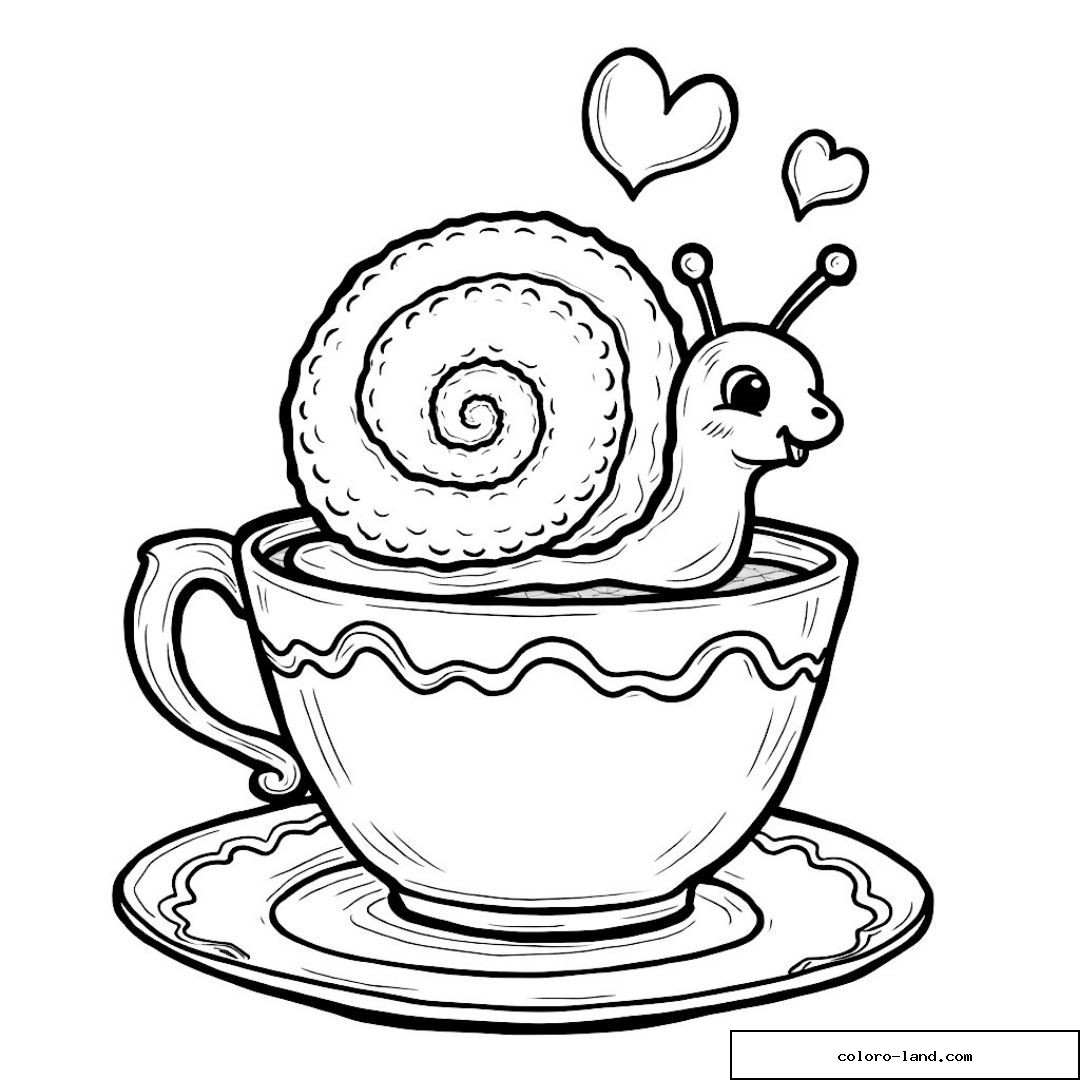 Dessin d'un escargot souriant dans une tasse avec des cœurs.