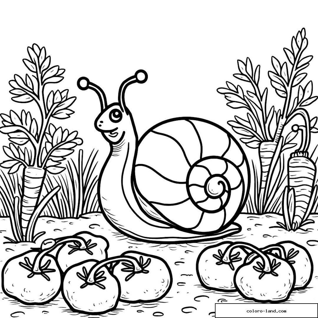 Dessin d'un escargot heureux parmi des carottes et des tomates.