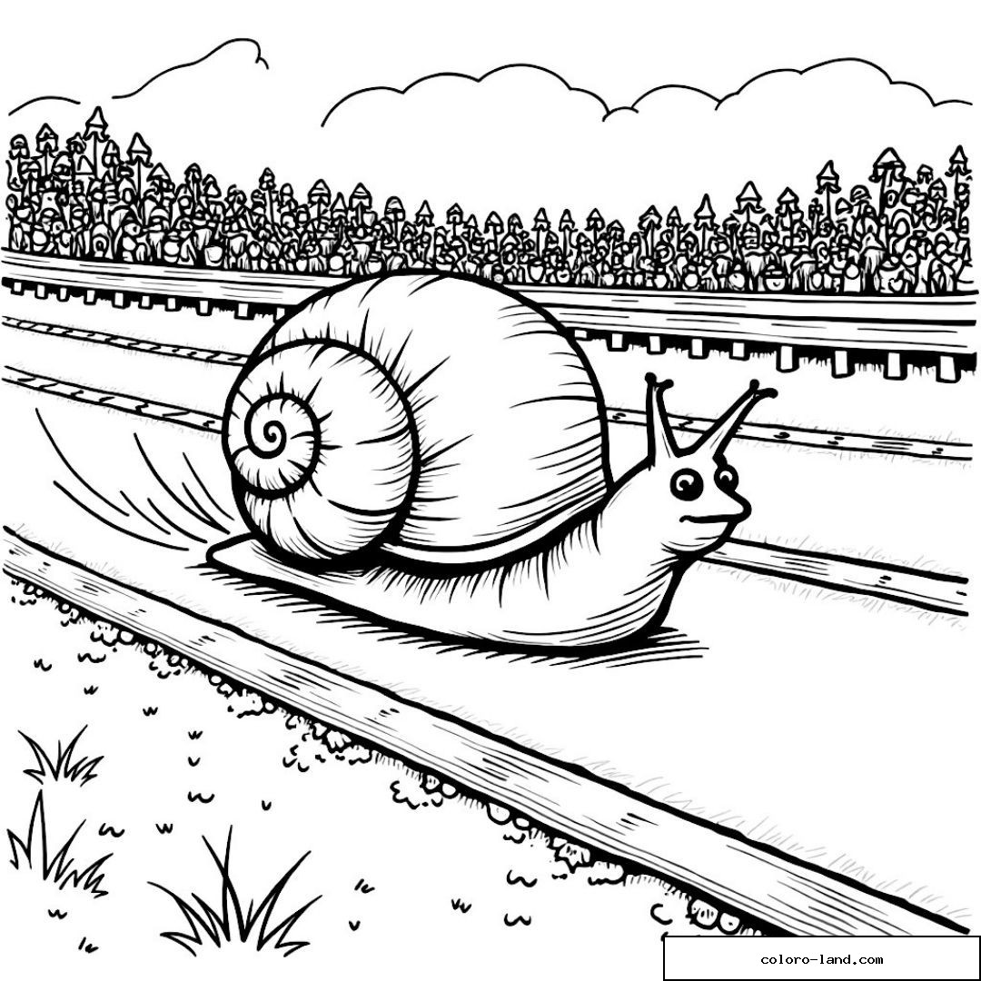 Dessin d'un escargot en mouvement sur une piste entourée de spectateurs