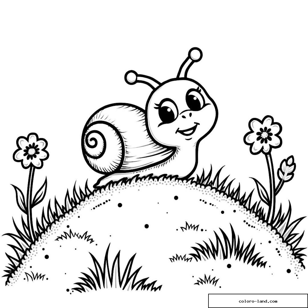 Escargot souriant sur colline avec fleurs et herbes