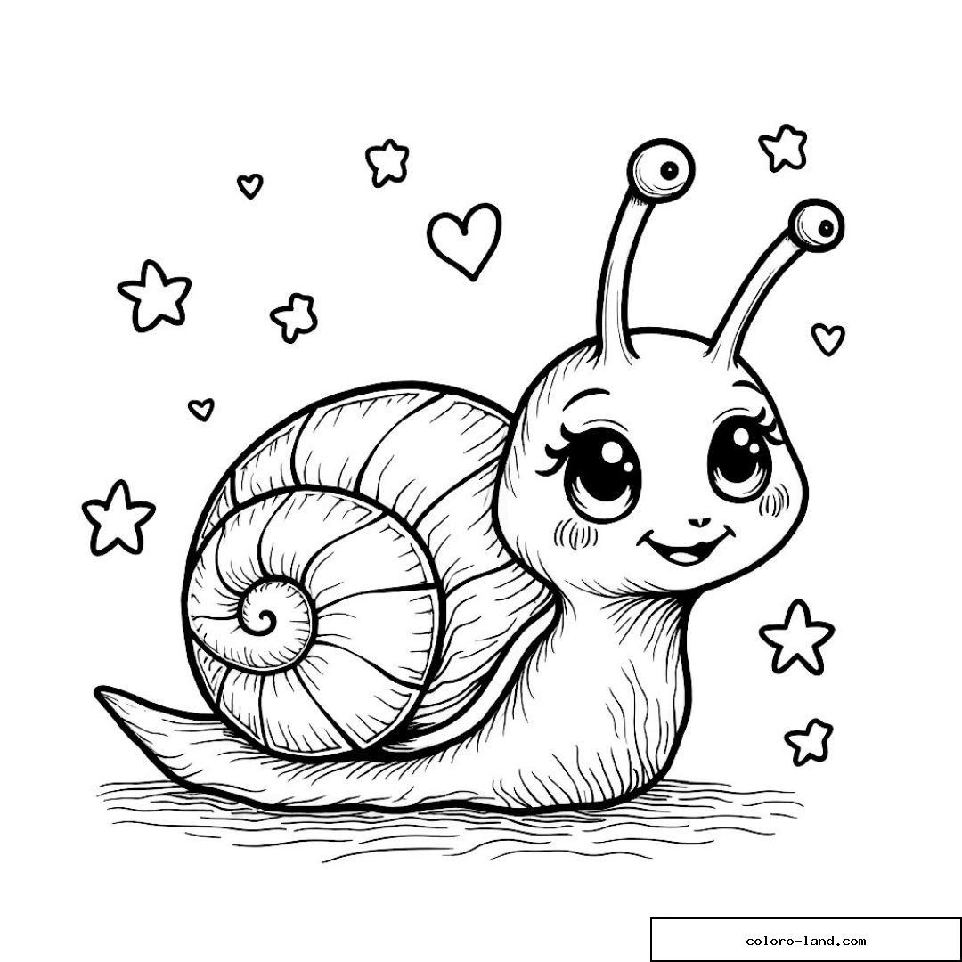 Dessin d'un escargot souriant avec étoiles et cœurs.