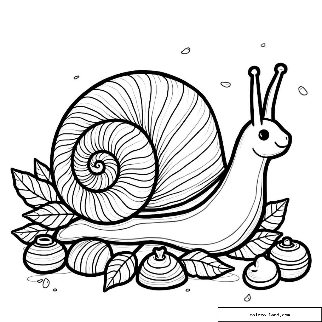 Dessin d'un escargot souriant avec feuilles et pommes autour