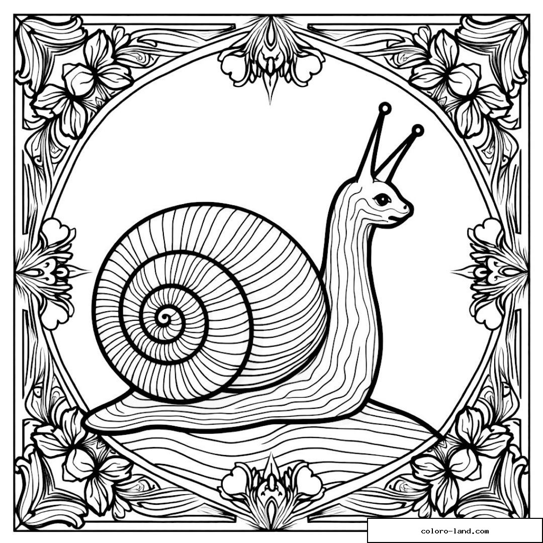Escargot orné et fleurs exotiques pour un coloriage détaillé.
