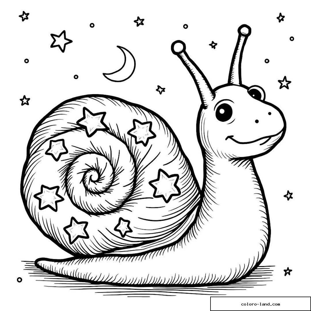 Coloriage d'un escargot avec des étoiles sur sa coquille sous la lune