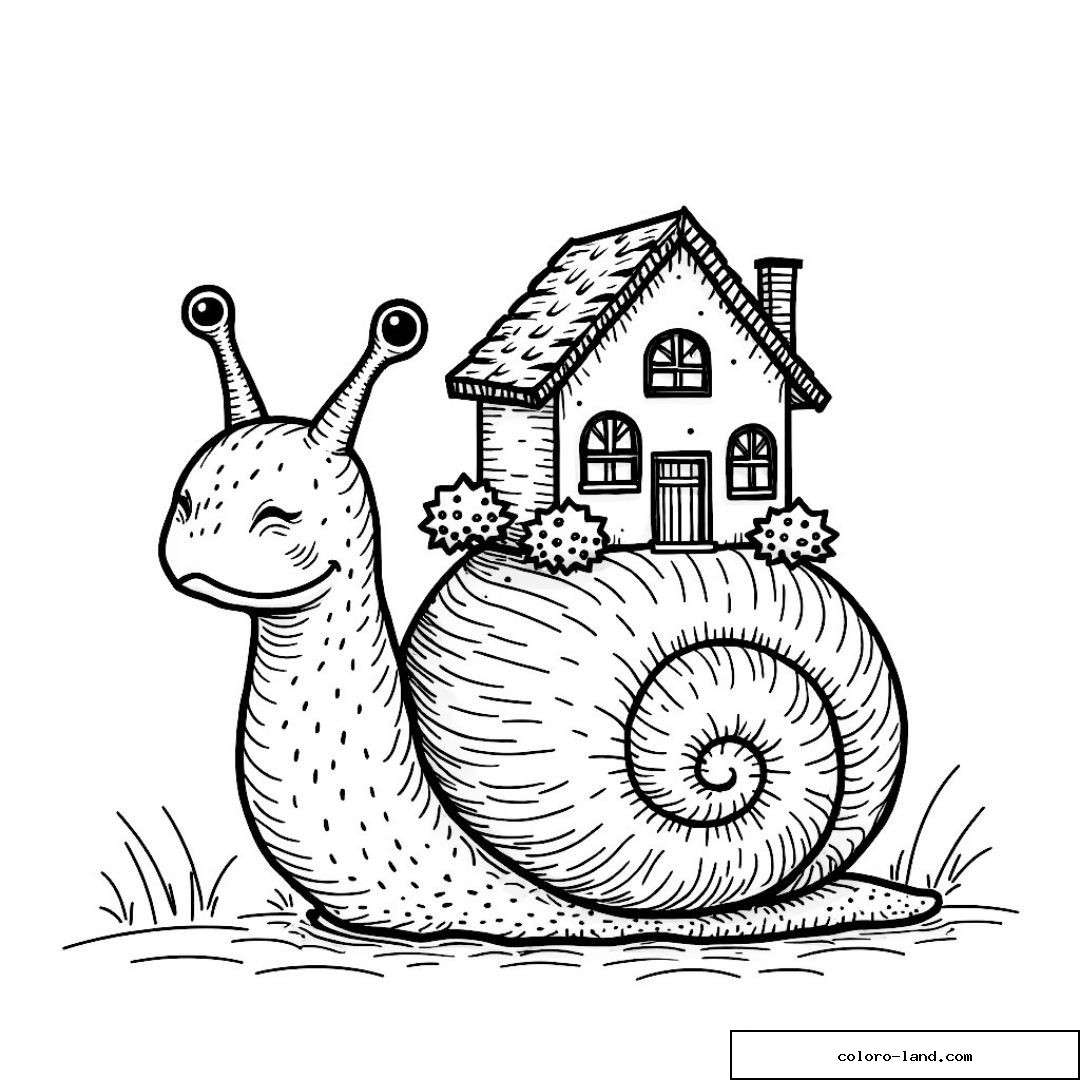 Coloriage d'un escargot avec une maison sur sa coquille et des buissons