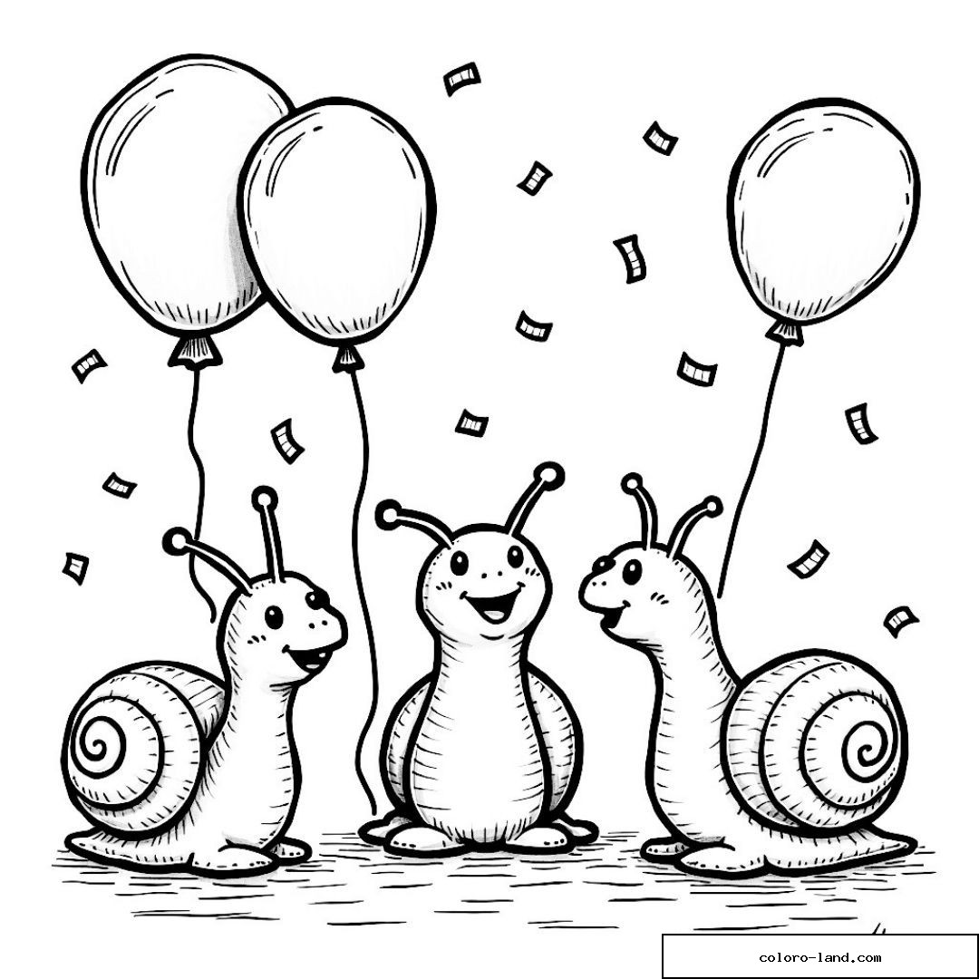 Dessin d'escargots souriants avec ballons et confettis de fête.