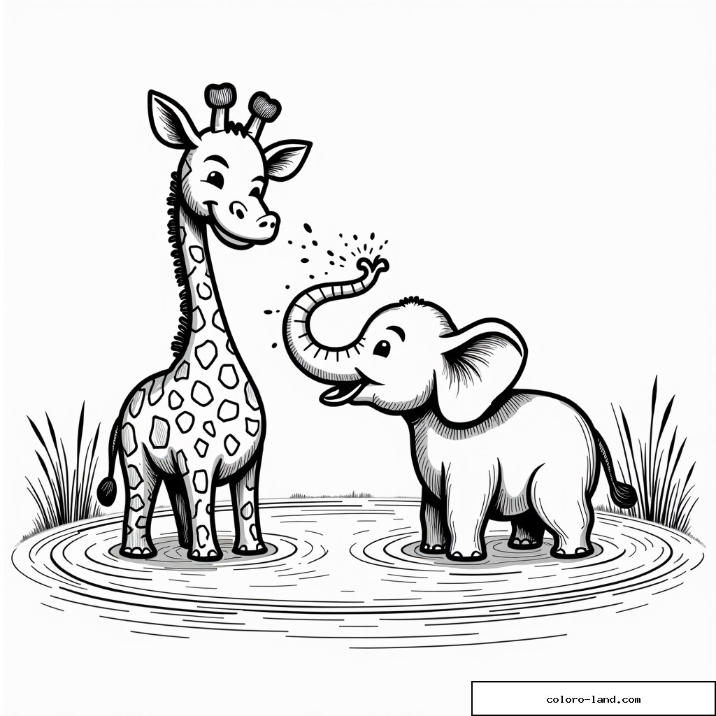 Giraffe und junger Elefant spielen mit Wasser in einer Pfütze