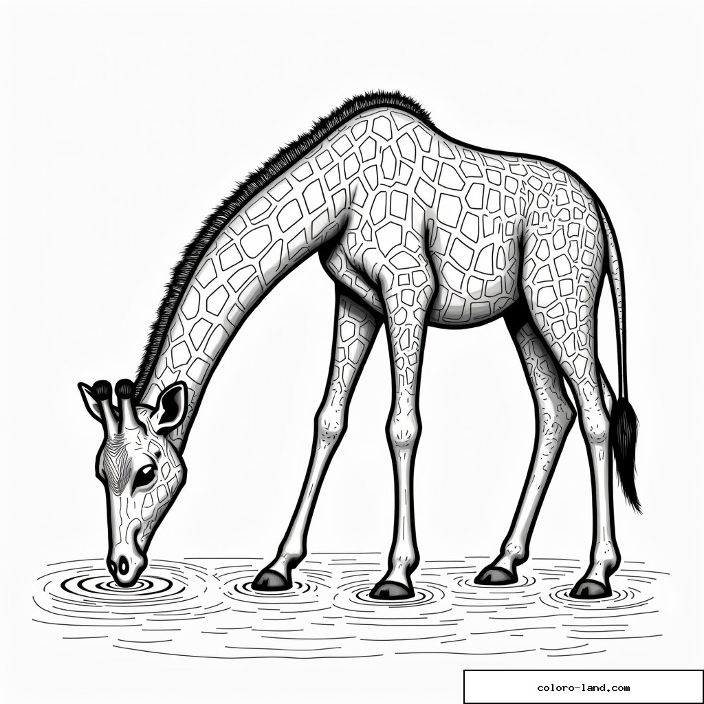 Giraffe beugt sich zum Trinken an ein von Kreisen gekräuseltes Wasserloch