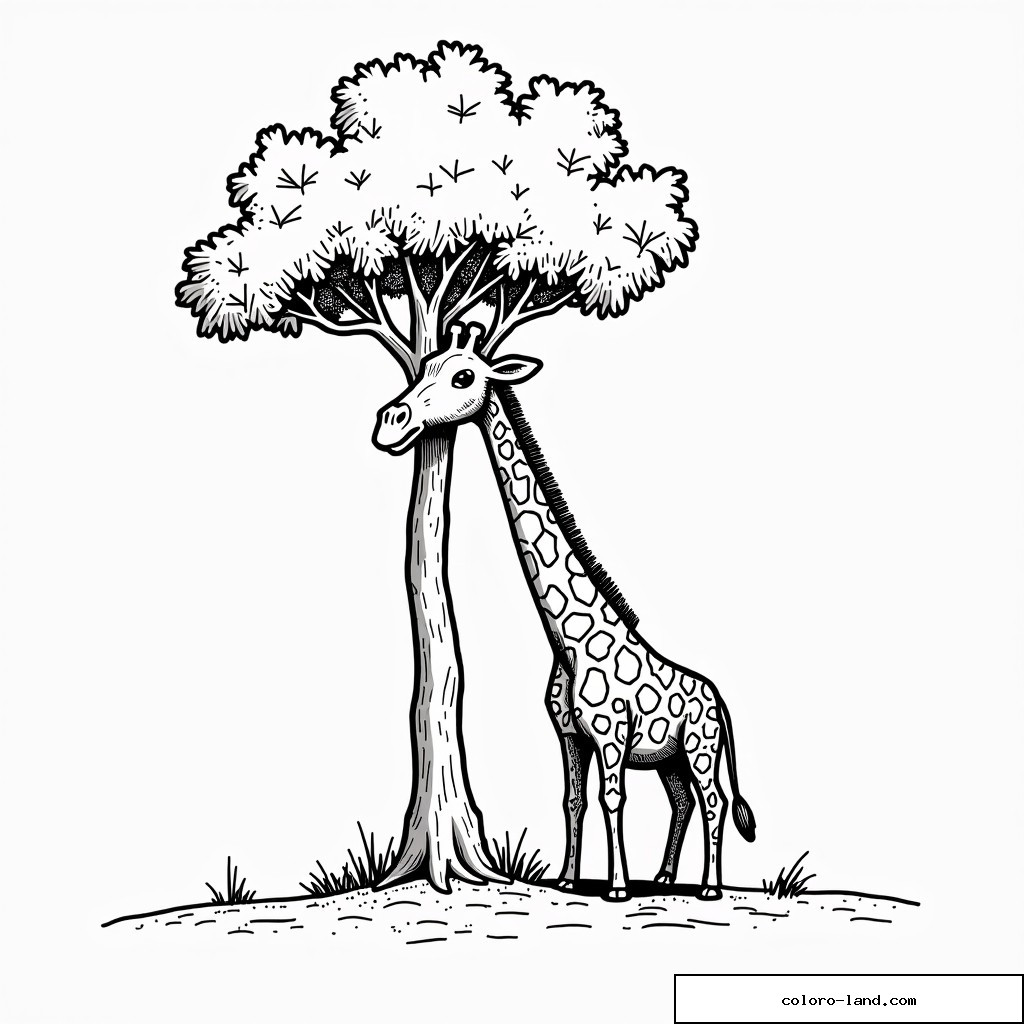 Giraffe steht bei einem großen Baum und streckt den Hals nach den Blättern