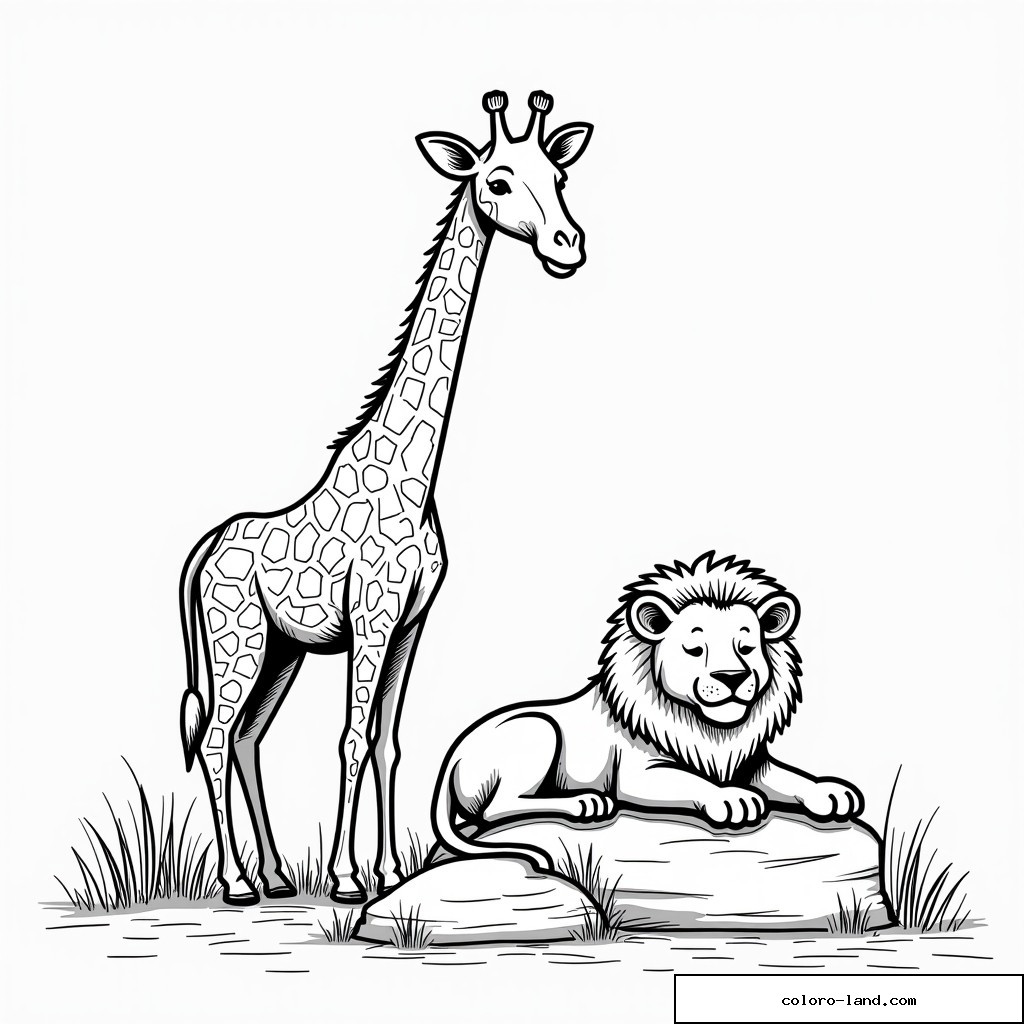 Giraffe steht unweit eines auf einem Felsen ruhenden Löwen