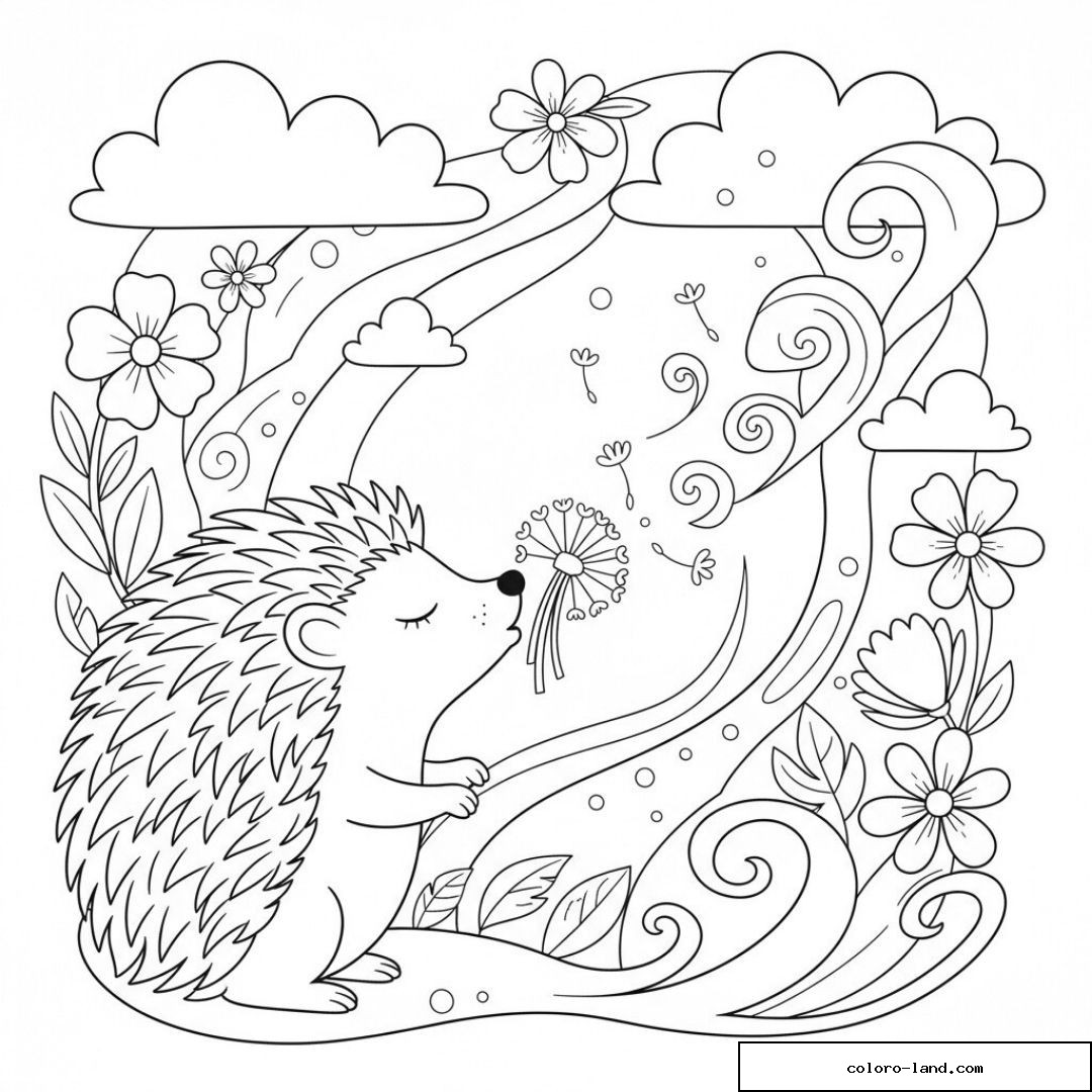 Hérisson mignon avec fleurs et pissenlit à colorier pour enfants.