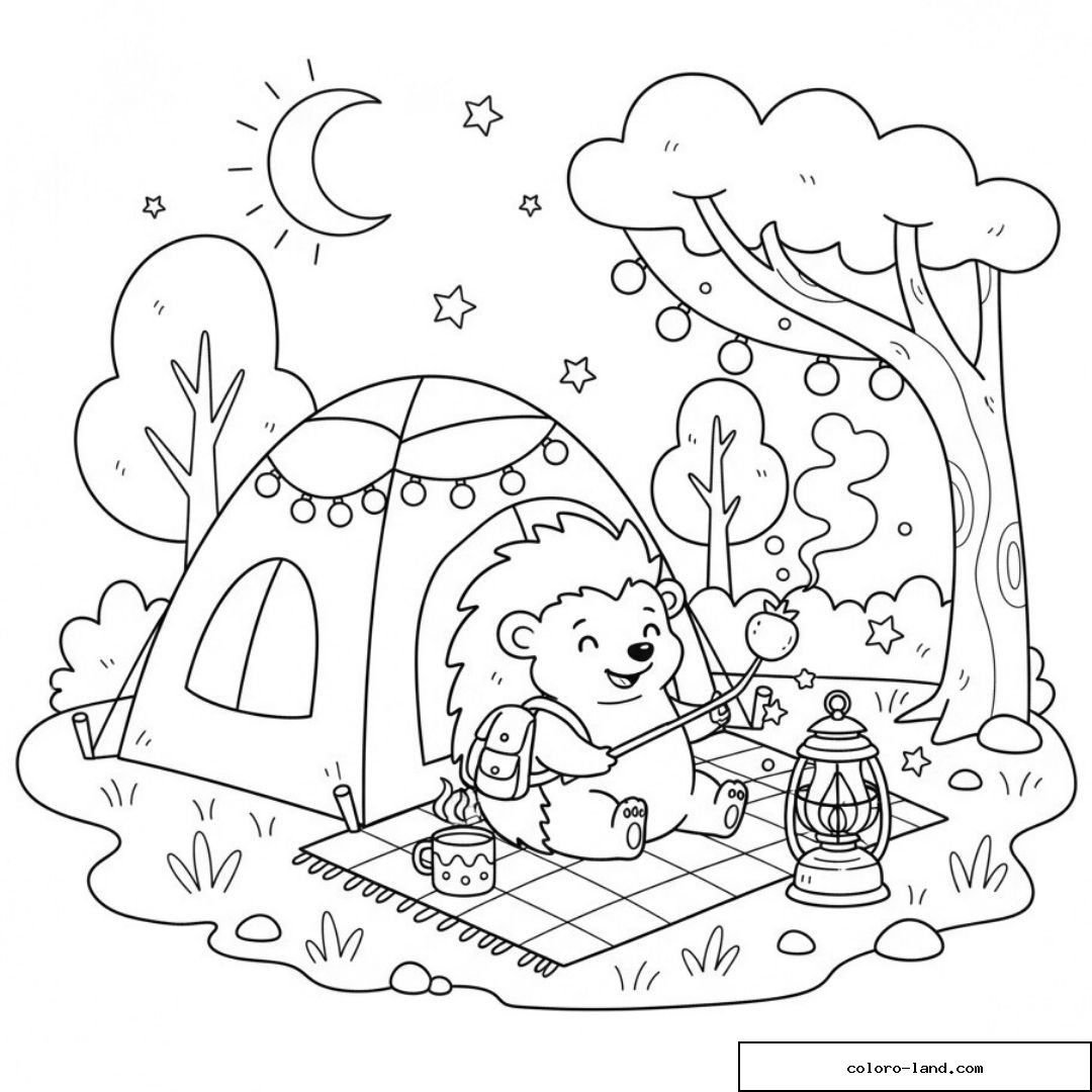 Hérisson camping sous les étoiles avec tente et lanterne