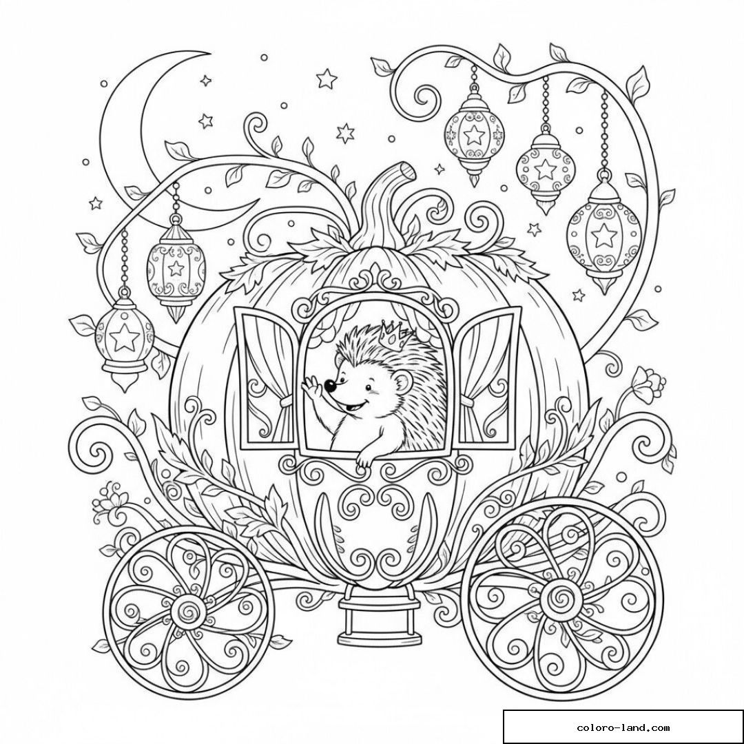 Hérisson dans un carrosse magique enveloppé de motifs détaillés et de lanternes.