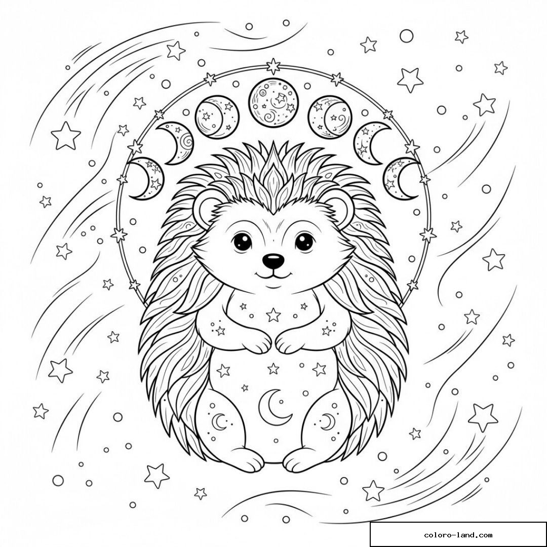Dessin de hérisson adorable avec phases de lune et étoiles à colorier.