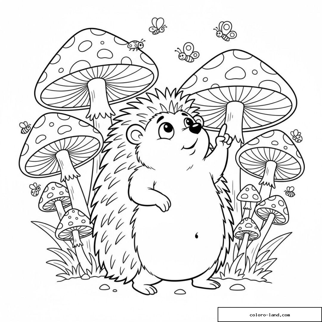 Hérisson découvrant des champignons magiques entouré d'abeilles.