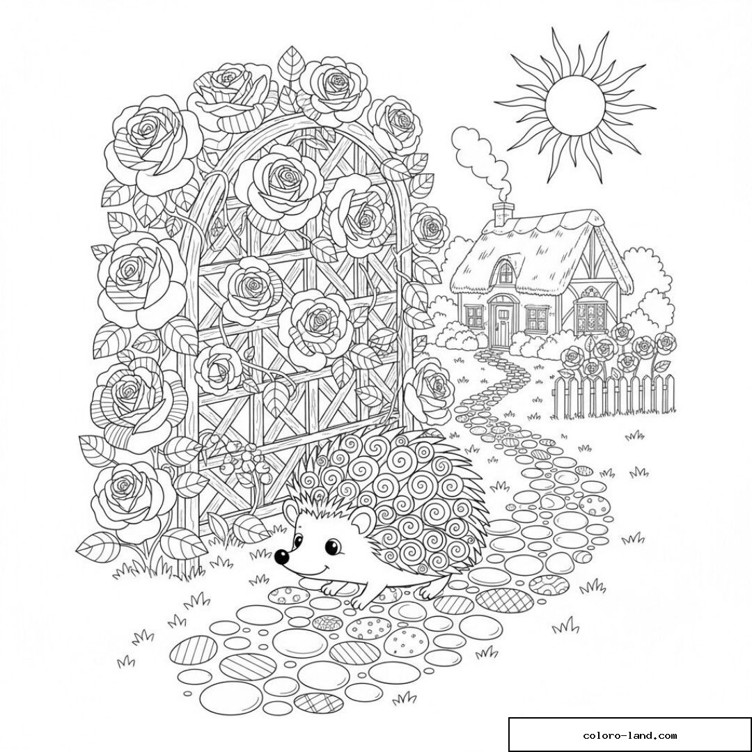 Dessin de jardin fleuri avec hérisson et cottage sous le soleil.